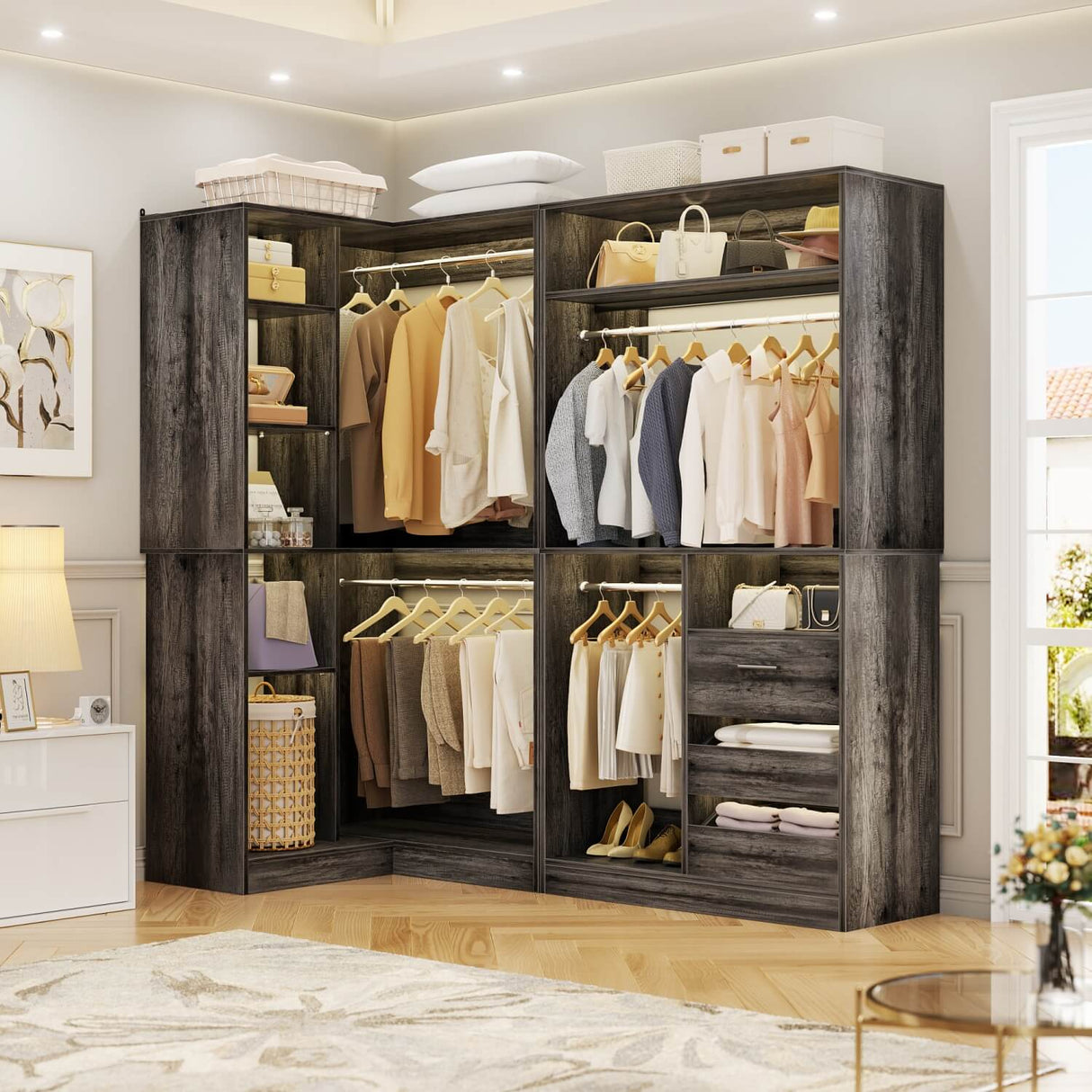 6FT Heavy Duty Corner Closet Organizer System with Drawers, Shelves and Hanging Rods