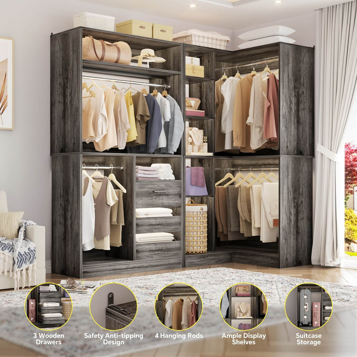 6FT Heavy Duty Corner Closet Organizer System with Drawers, Shelves and Hanging Rods