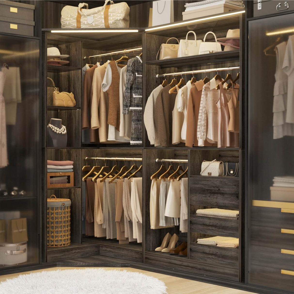 6FT Heavy Duty Corner Closet Organizer System with Drawers, Shelves and Hanging Rods