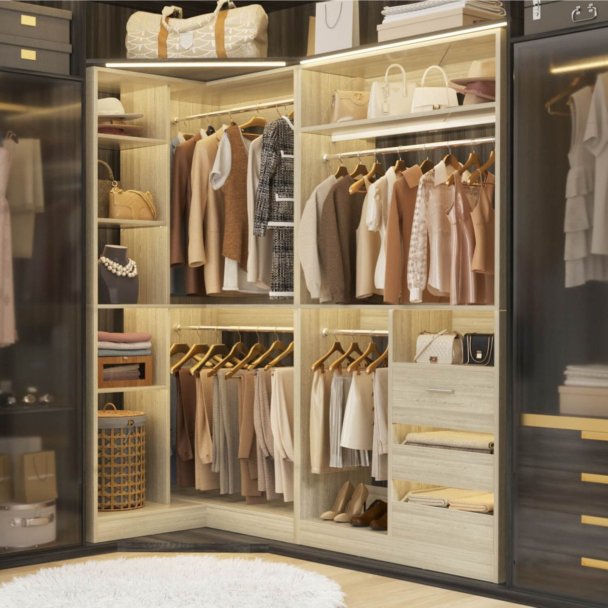 6FT Heavy Duty Corner Closet Organizer System with Drawers, Shelves and Hanging Rods