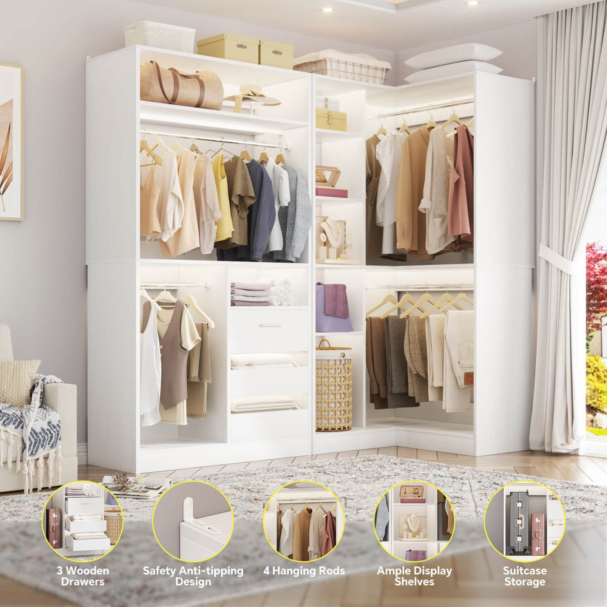 6FT Heavy Duty Corner Closet Organizer System with Drawers, Shelves and Hanging Rods