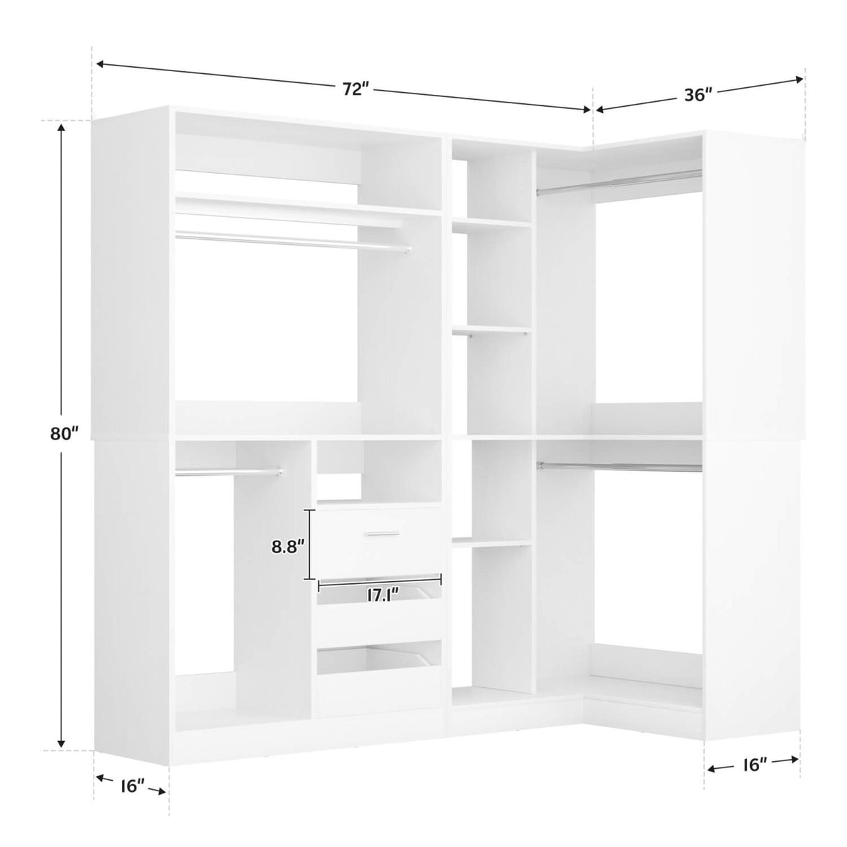 6FT Heavy Duty Corner Closet Organizer System with Drawers, Shelves and Hanging Rods
