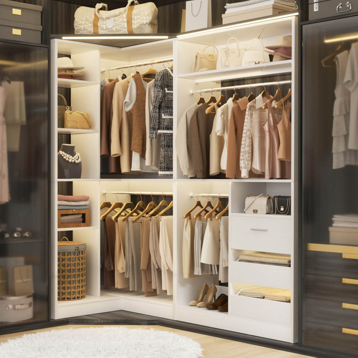 6FT Heavy Duty Corner Closet Organizer System with Drawers, Shelves and Hanging Rods