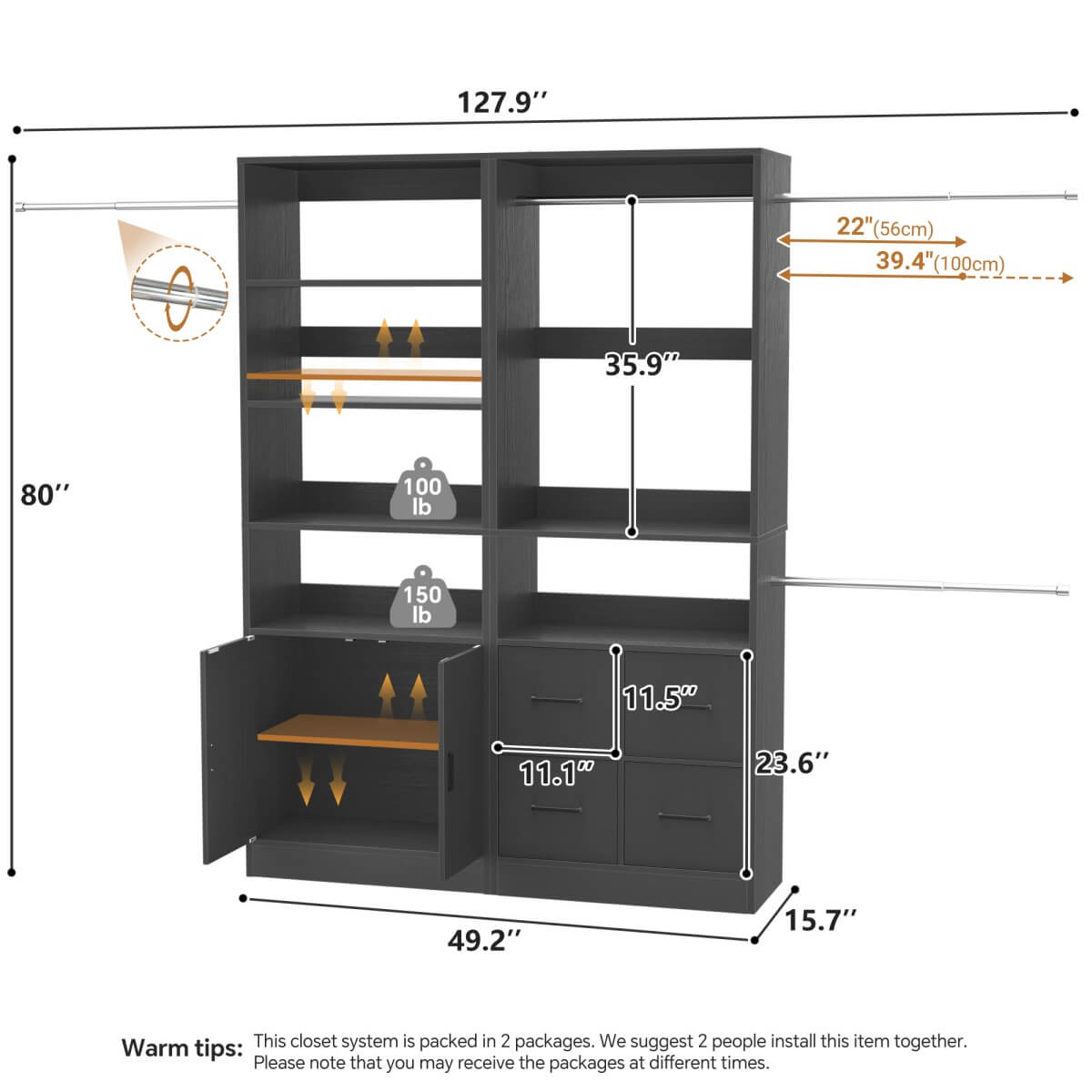 128'' Walk-in Closet System with 2 Sets, Closet Organizer with 4 Fabric Drawers and 4 Hanging Rods