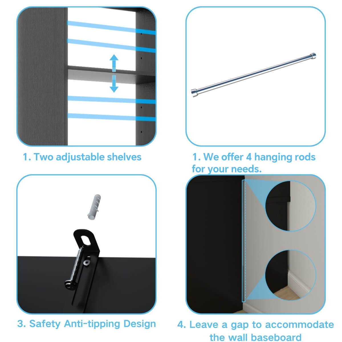 128'' Walk-in Closet System with 2 Sets, Closet Organizer with 4 Fabric Drawers and 4 Hanging Rods