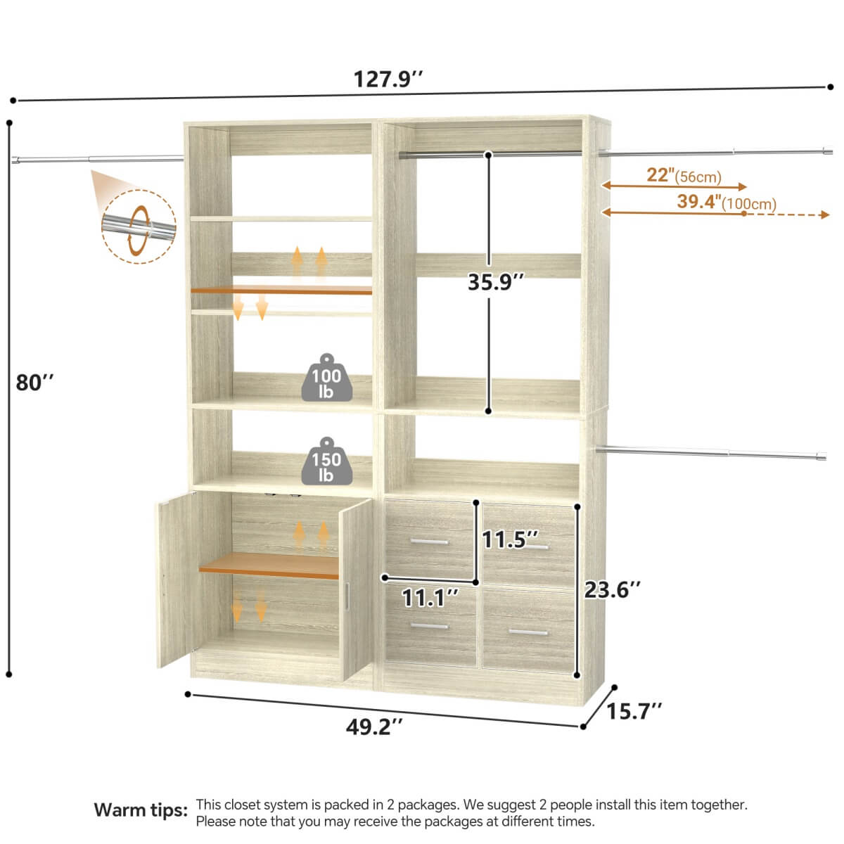128'' Walk-in Closet System with 2 Sets, Closet Organizer with 4 Fabric Drawers and 4 Hanging Rods
