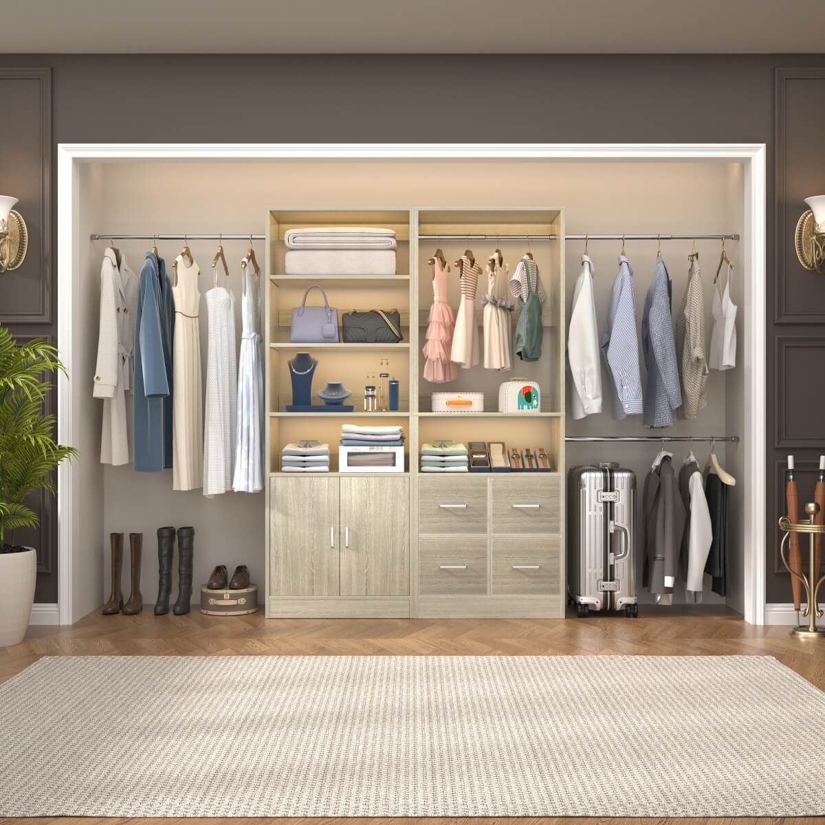 128'' Walk-in Closet System with 2 Sets, Closet Organizer with 4 Fabric Drawers and 4 Hanging Rods