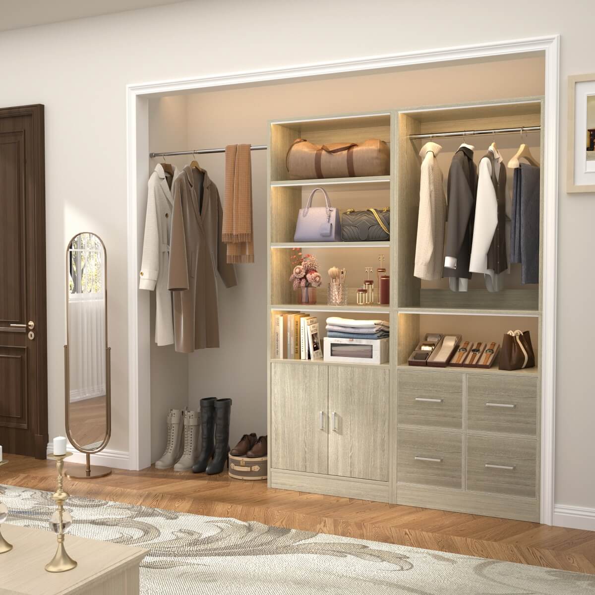 128'' Walk-in Closet System with 2 Sets, Closet Organizer with 4 Fabric Drawers and 4 Hanging Rods