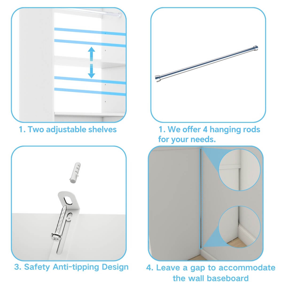 128'' Walk-in Closet System with 2 Sets, Closet Organizer with 4 Fabric Drawers and 4 Hanging Rods