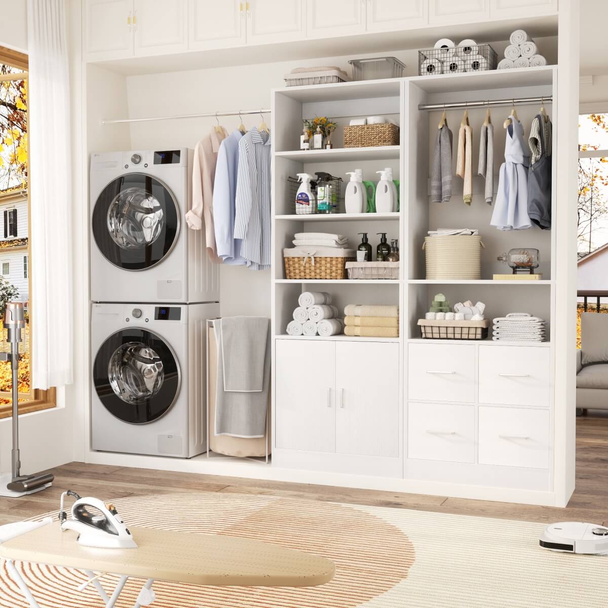 128'' Walk-in Closet System with 2 Sets, Closet Organizer with 4 Fabric Drawers and 4 Hanging Rods