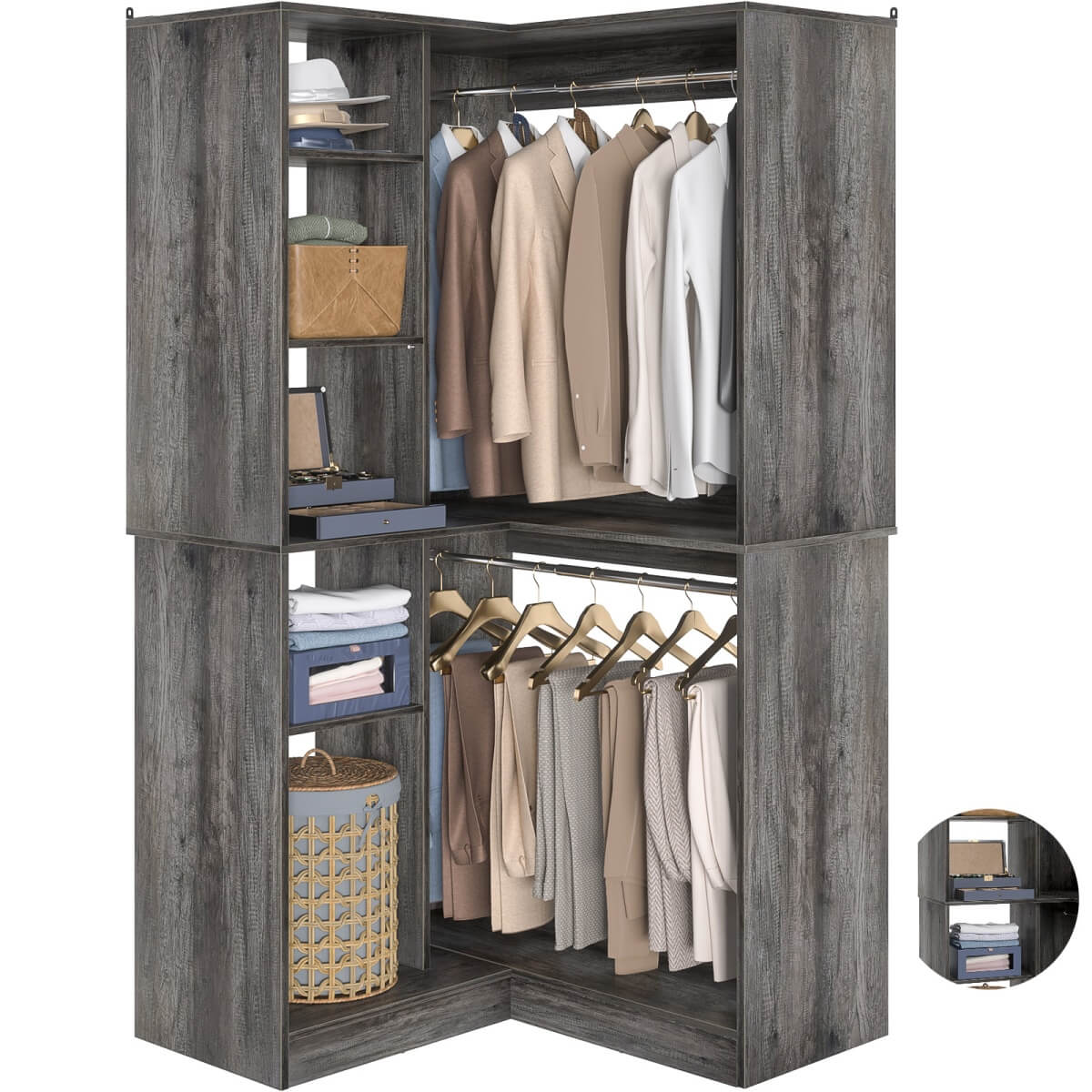 36'' Freestanding Corner Closet System with 2 Hanging Rods & 8 Storage Shelves