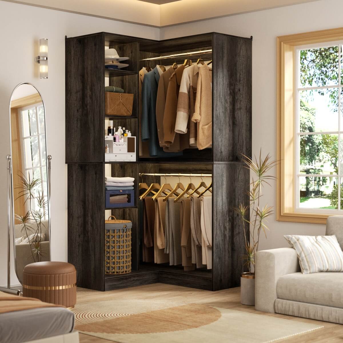 36'' Freestanding Corner Closet System with 2 Hanging Rods & 8 Storage Shelves