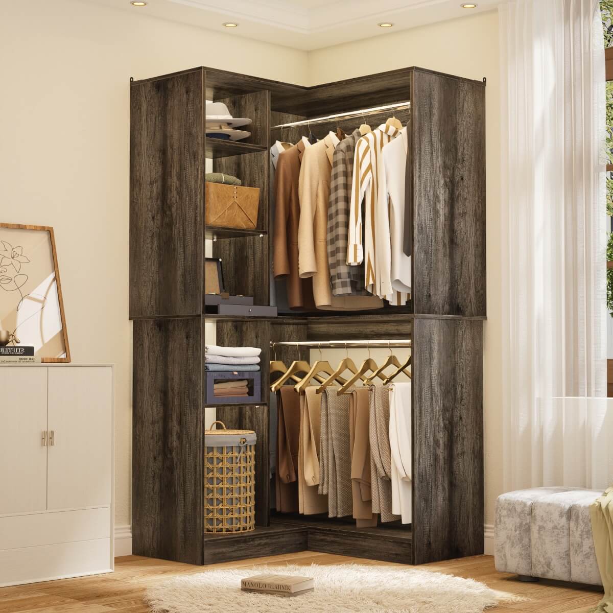 36'' Freestanding Corner Closet System with 2 Hanging Rods & 8 Storage Shelves