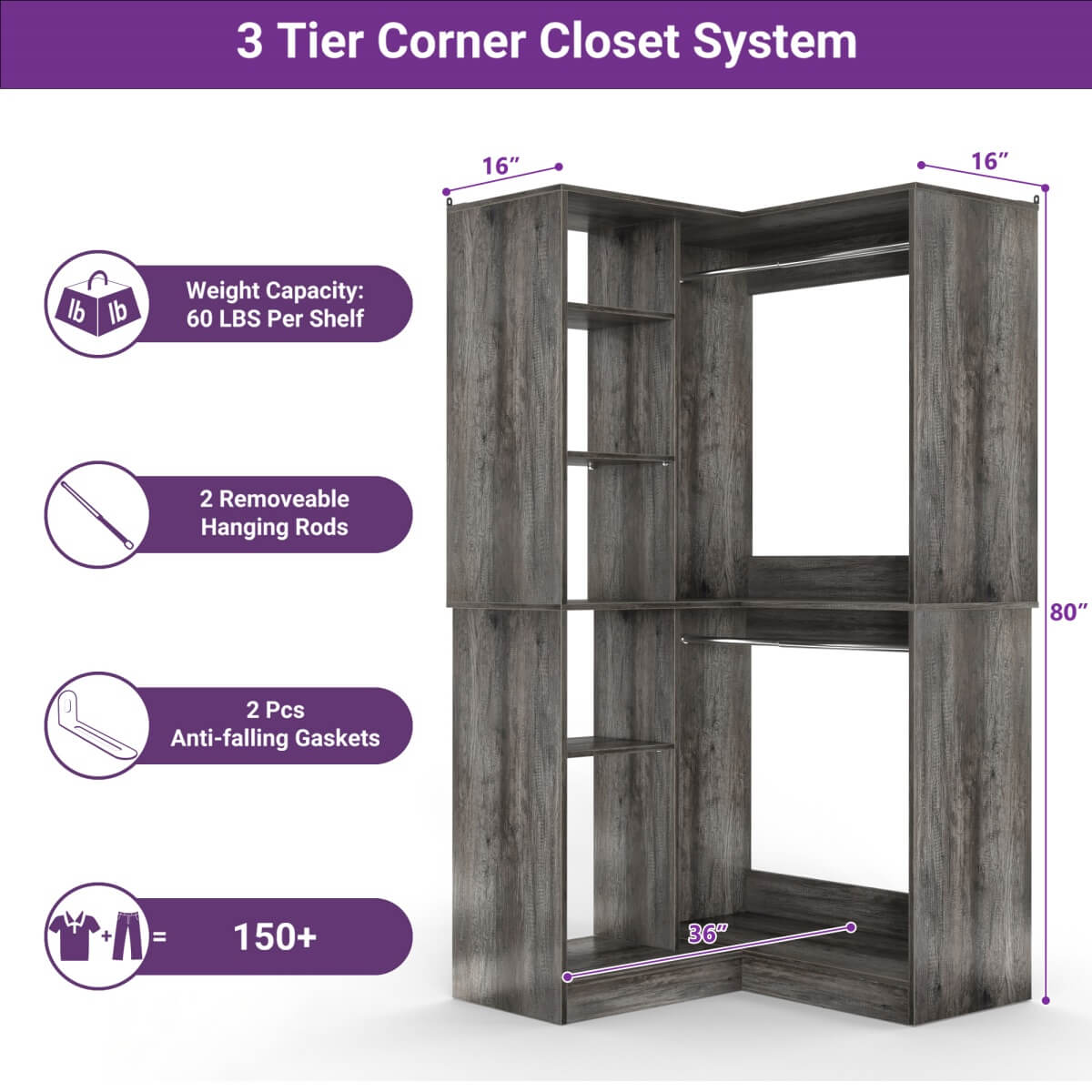 36'' Freestanding Corner Closet System with 2 Hanging Rods & 8 Storage Shelves