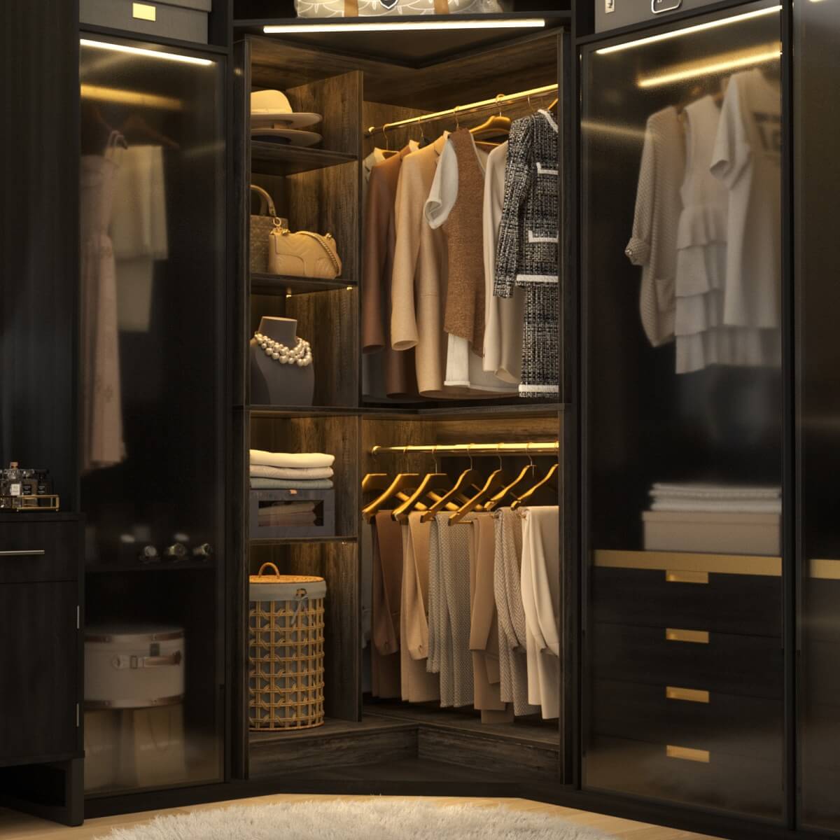 36'' Freestanding Corner Closet System with 2 Hanging Rods & 8 Storage Shelves