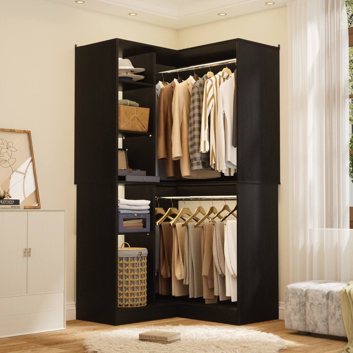 36'' Freestanding Corner Closet System with 2 Hanging Rods & 8 Storage Shelves