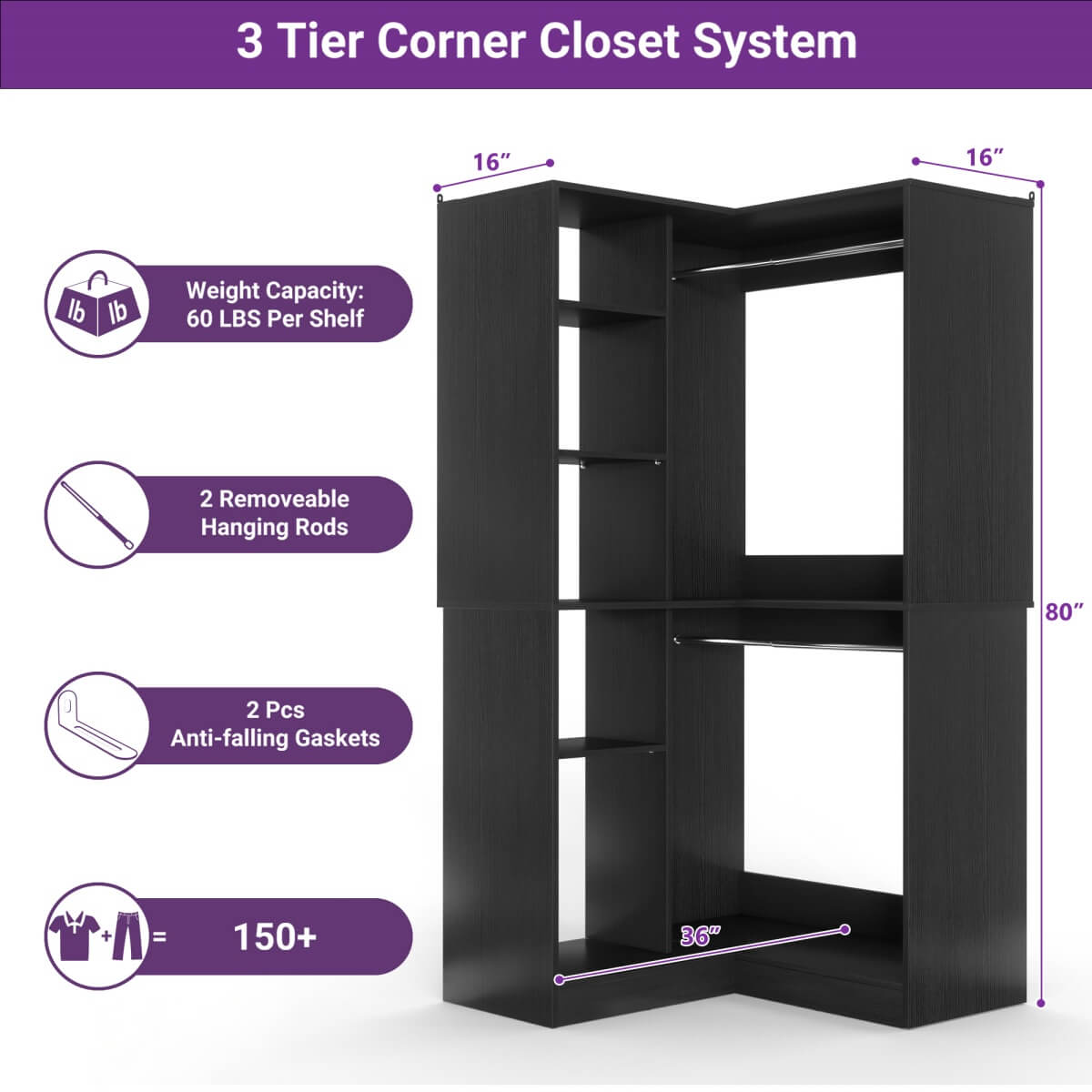 36'' Freestanding Corner Closet System with 2 Hanging Rods & 8 Storage Shelves