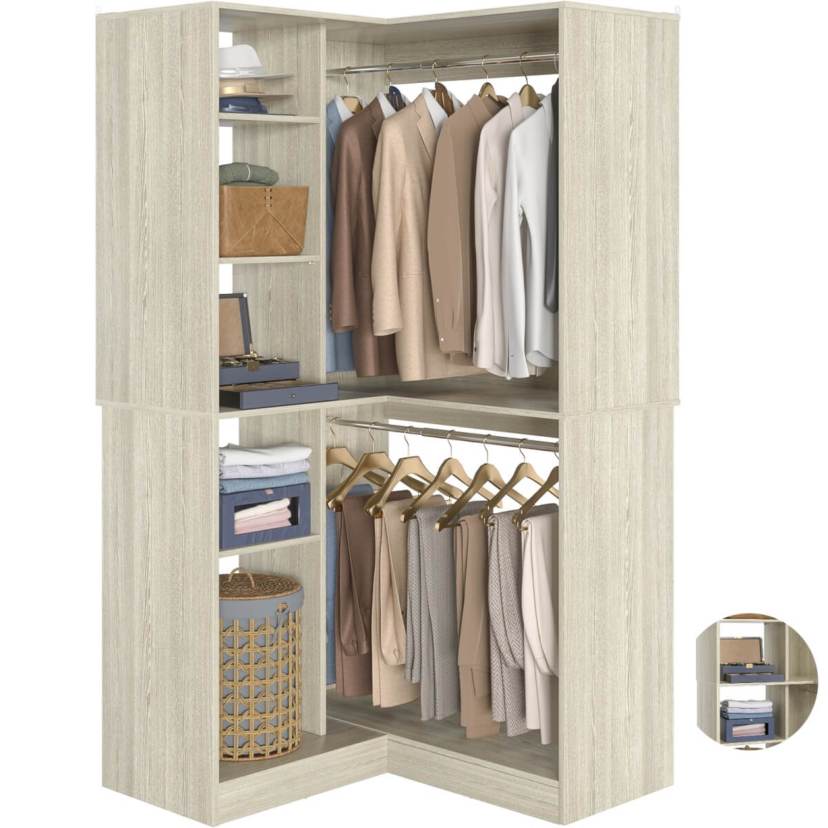 36'' Freestanding Corner Closet System with 2 Hanging Rods & 8 Storage Shelves