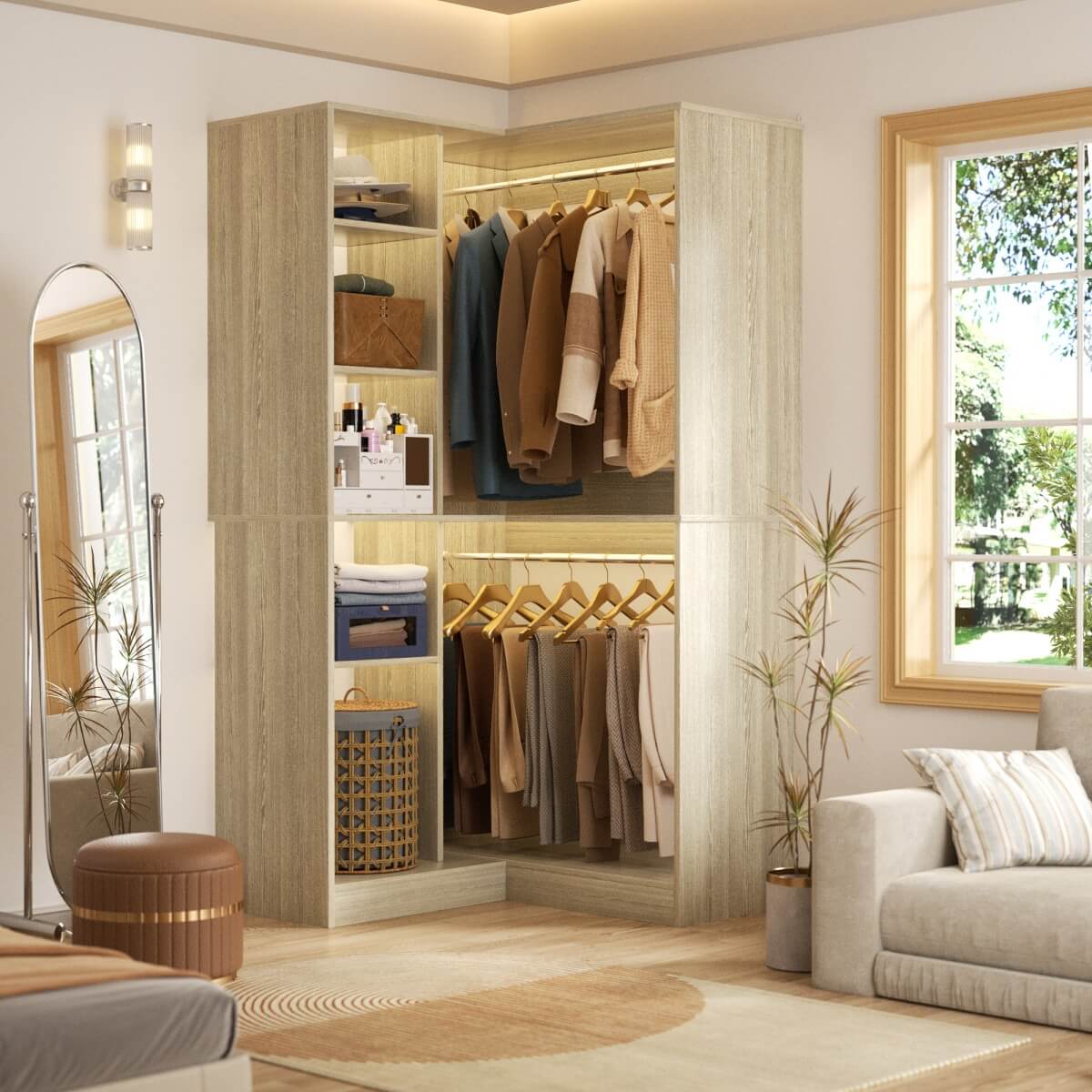 36'' Freestanding Corner Closet System with 2 Hanging Rods & 8 Storage Shelves