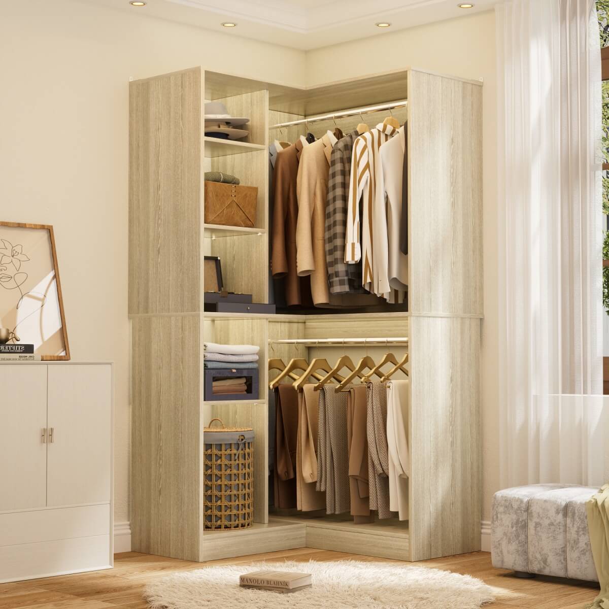 36'' Freestanding Corner Closet System with 2 Hanging Rods & 8 Storage Shelves