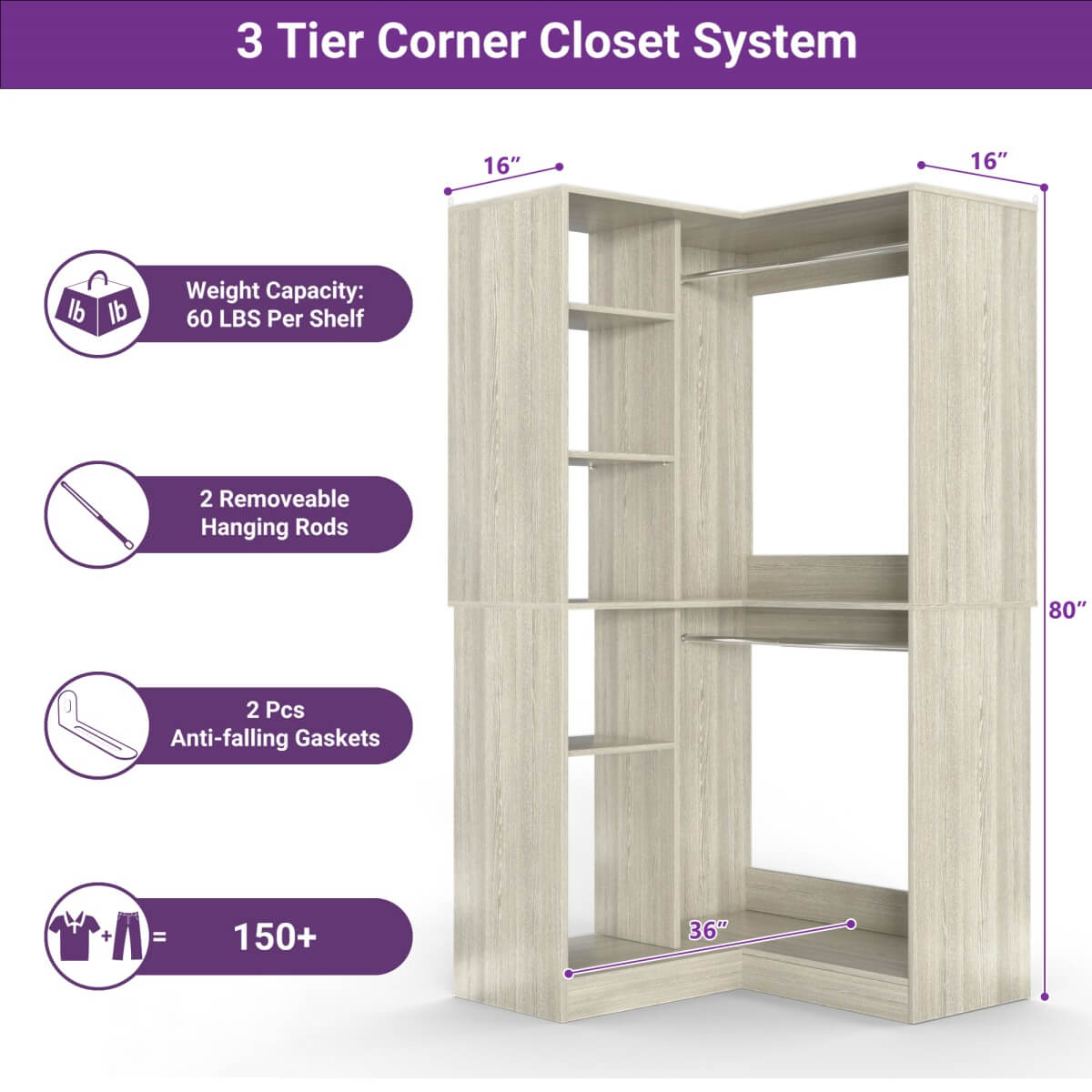 36'' Freestanding Corner Closet System with 2 Hanging Rods & 8 Storage Shelves