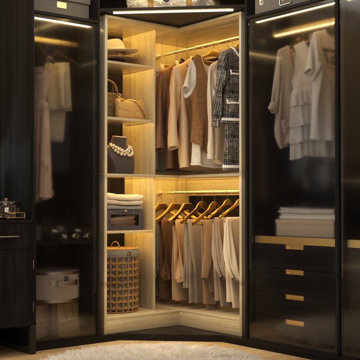 36'' Freestanding Corner Closet System with 2 Hanging Rods & 8 Storage Shelves