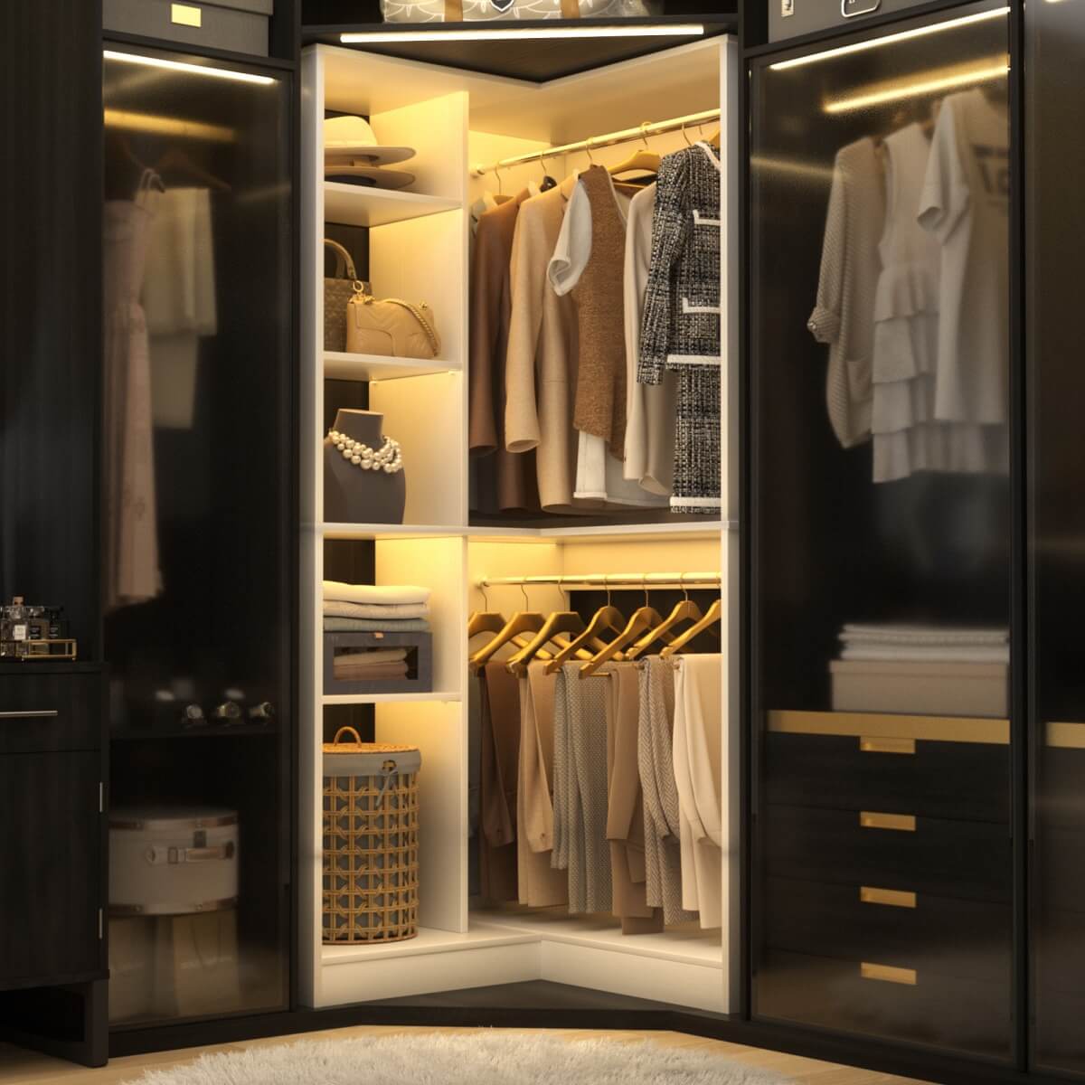 36'' Freestanding Corner Closet System with 2 Hanging Rods & 8 Storage Shelves