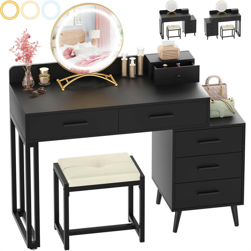 6 Drawer Makeup Vanity Desk with Stool, Lighted Mirror, Built-In Outlets