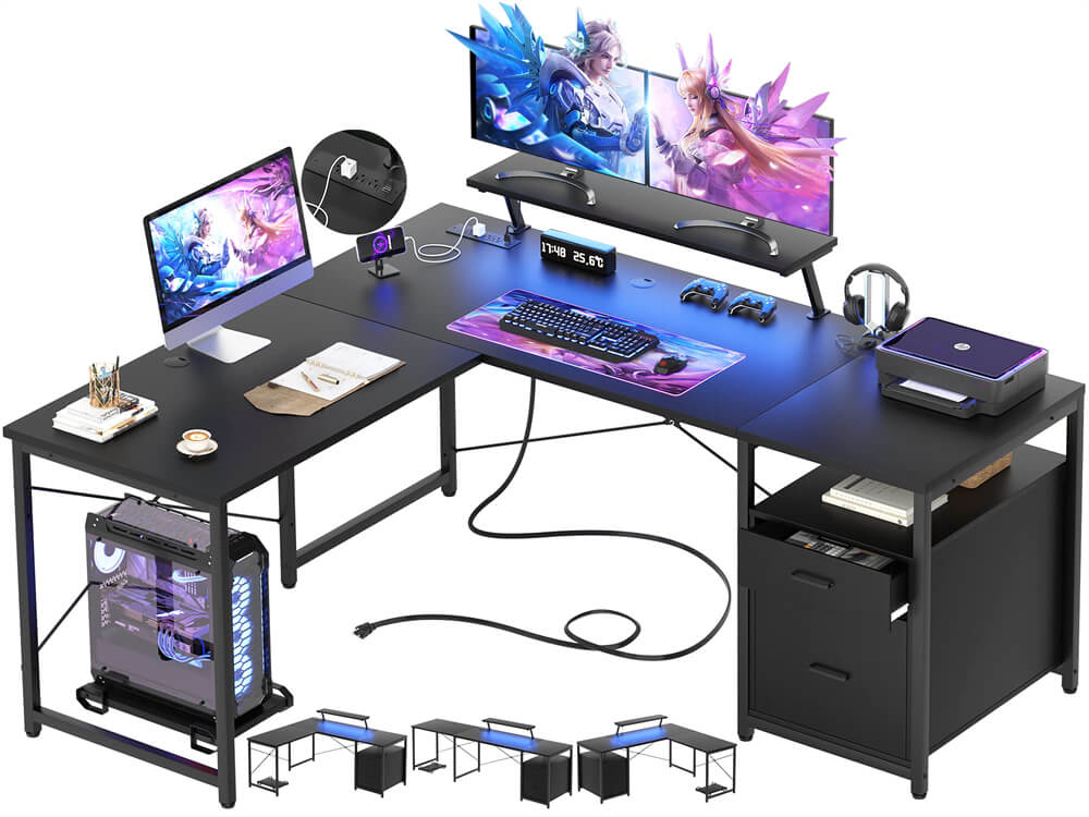 Unikito L-Shaped Desk with Power Outlet and LED Strip, Reversible File Drawer and Monitor Stand, Gaming Table Writing Desk for Home Office Workstation