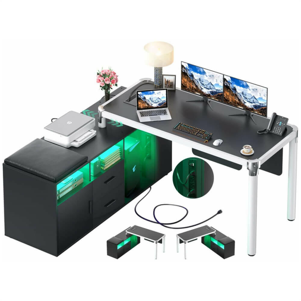 Unikito L Shaped Desk with File Cabinet and Power Strip, Reversible Corner Office Desk with LED Lights, Large L-Shaped Computer Desk with Drawer and Storage for Home Office, Soft Cushion