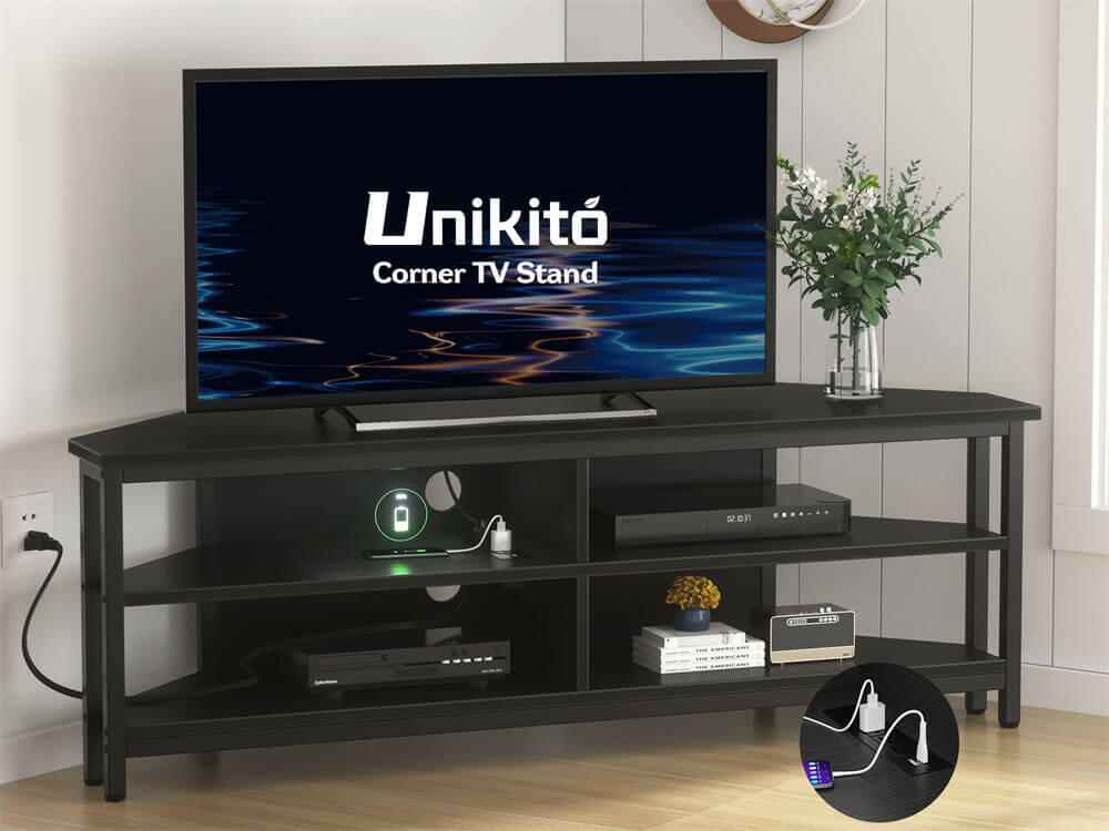 Unikito 55'' Corner TV Stand with Power Outlet, Corner Entertainment Center TV Console Table with 4 Open Storage Shelves, Metal Frame for Living Room, Bedroom, Industrial 60'' Corner TV Stand