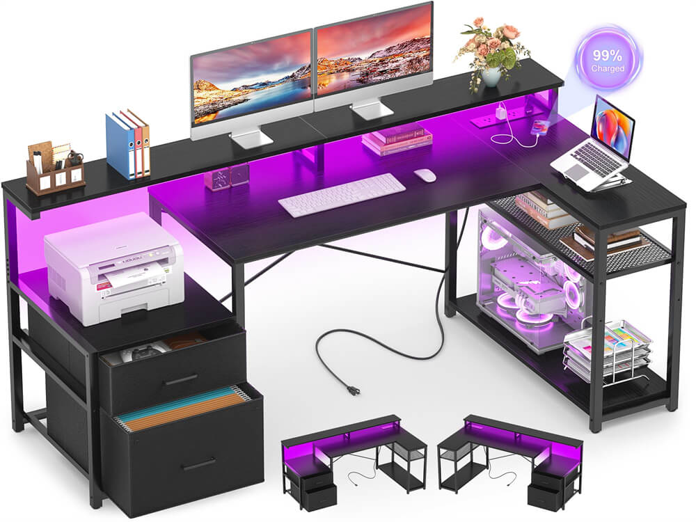Reversible L Shaped Computer Desk Gaming Desk with File Drawer, Power Outlet & LED Strip