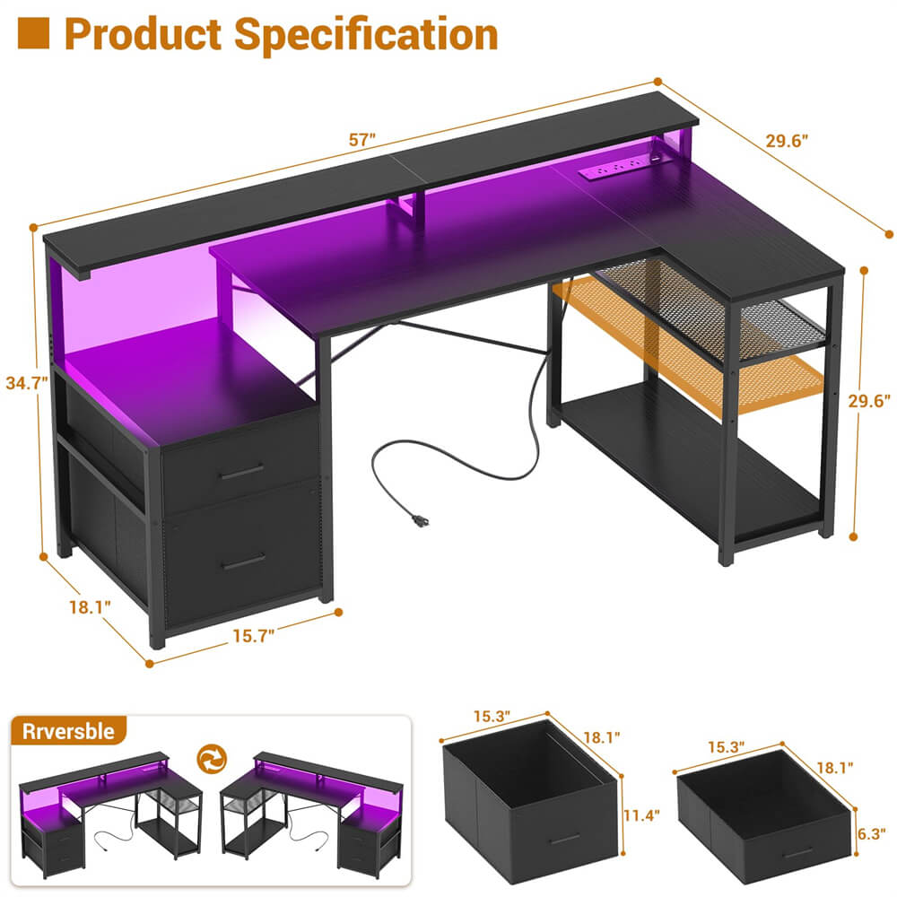 Reversible L Shaped Computer Desk Gaming Desk with File Drawer, Power Outlet & LED Strip