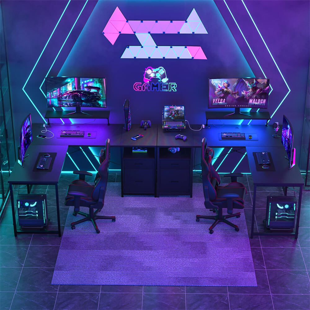 Unikito L-Shaped Desk with Power Outlet and LED Strip, Reversible File Drawer and Monitor Stand, Gaming Table Writing Desk for Home Office Workstation