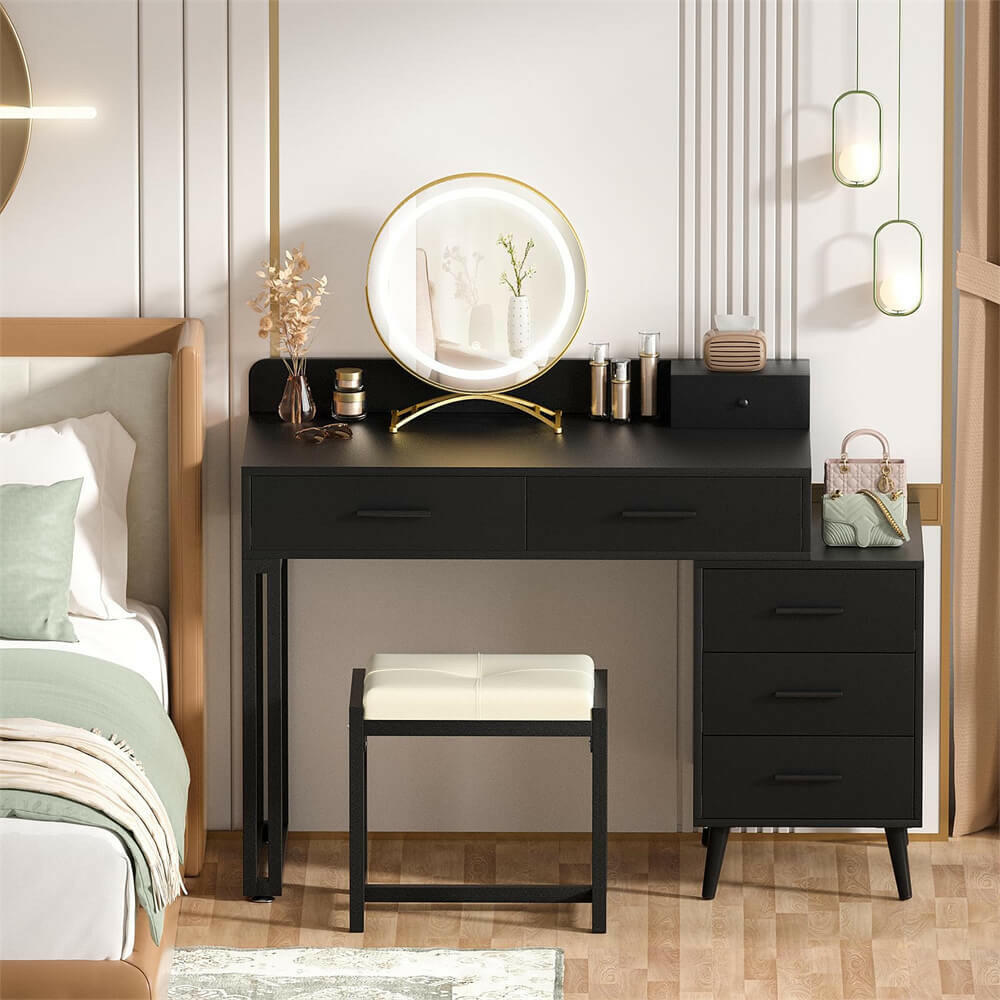 6 Drawer Makeup Vanity Desk with Stool, Lighted Mirror, Built-In Outlets