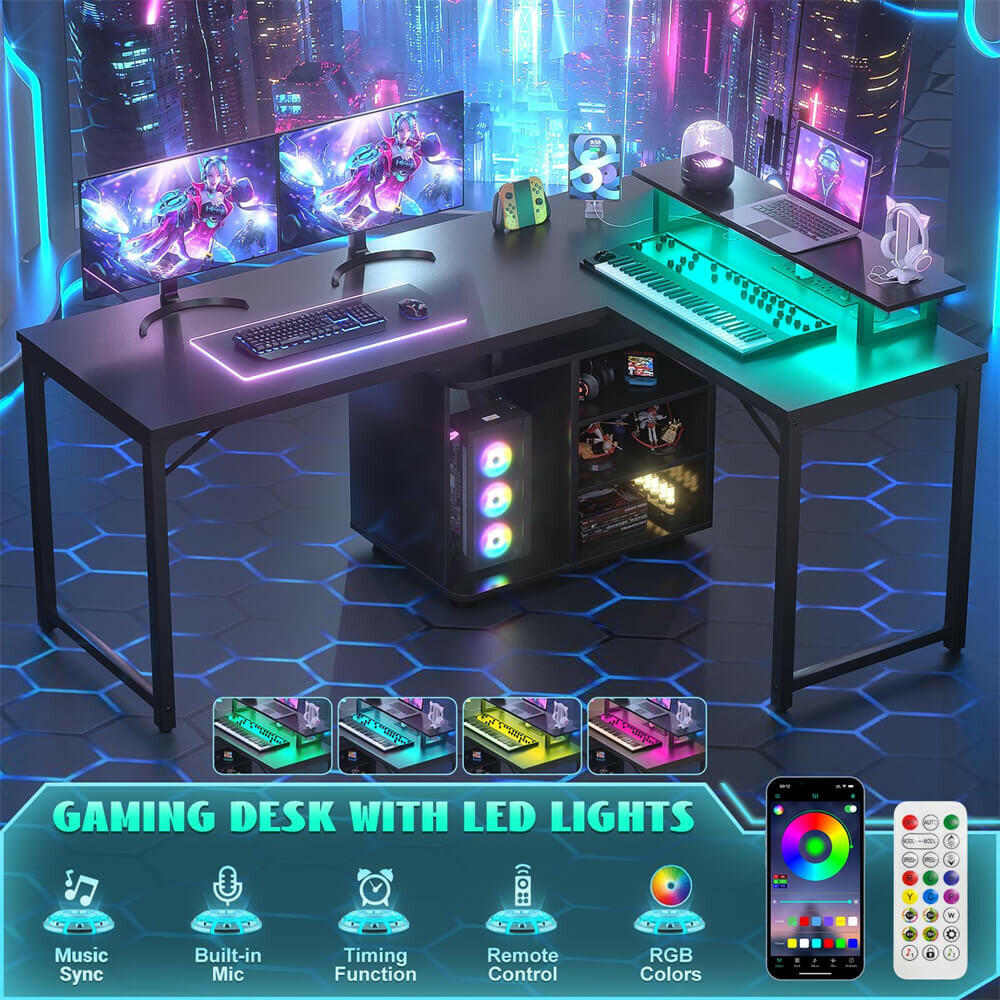 Unikito L Shaped Computer Desk, 58'' Reversible Gaming Desk with LED Strip & Adjustable Monitor Stand, Office Desk with Cabinet & Power Outlets, Corner Desk 2 Person Long Writing Study Table