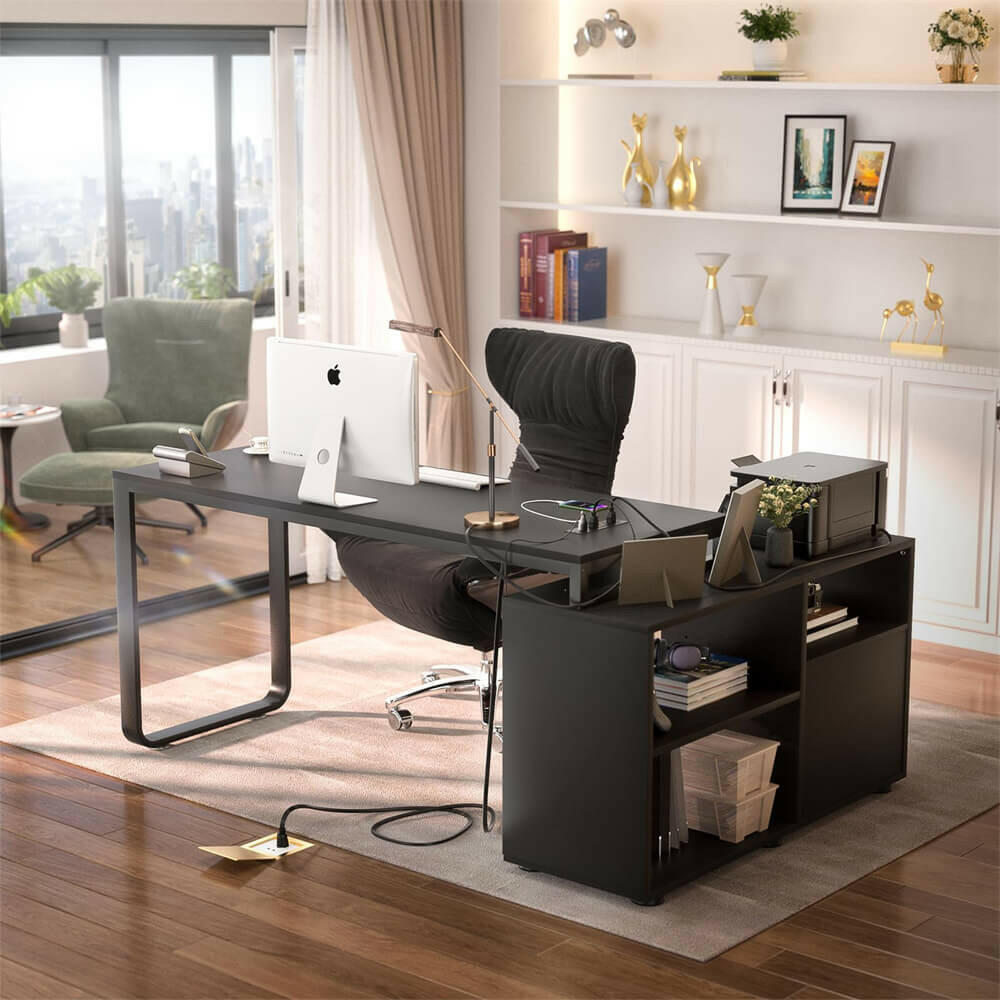 Unikito L Shaped Desk with File Cabinet & Power Outlet, Reversible 55 Inch Large Corner Computer Desks with LED Strip, L-Shaped Computer Desk with Drawers and Storage Shelves