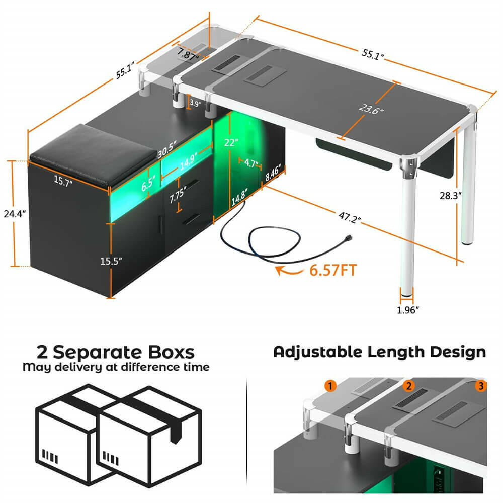 Unikito L Shaped Desk with File Cabinet and Power Strip, Reversible Corner Office Desk with LED Lights, Large L-Shaped Computer Desk with Drawer and Storage for Home Office, Soft Cushion