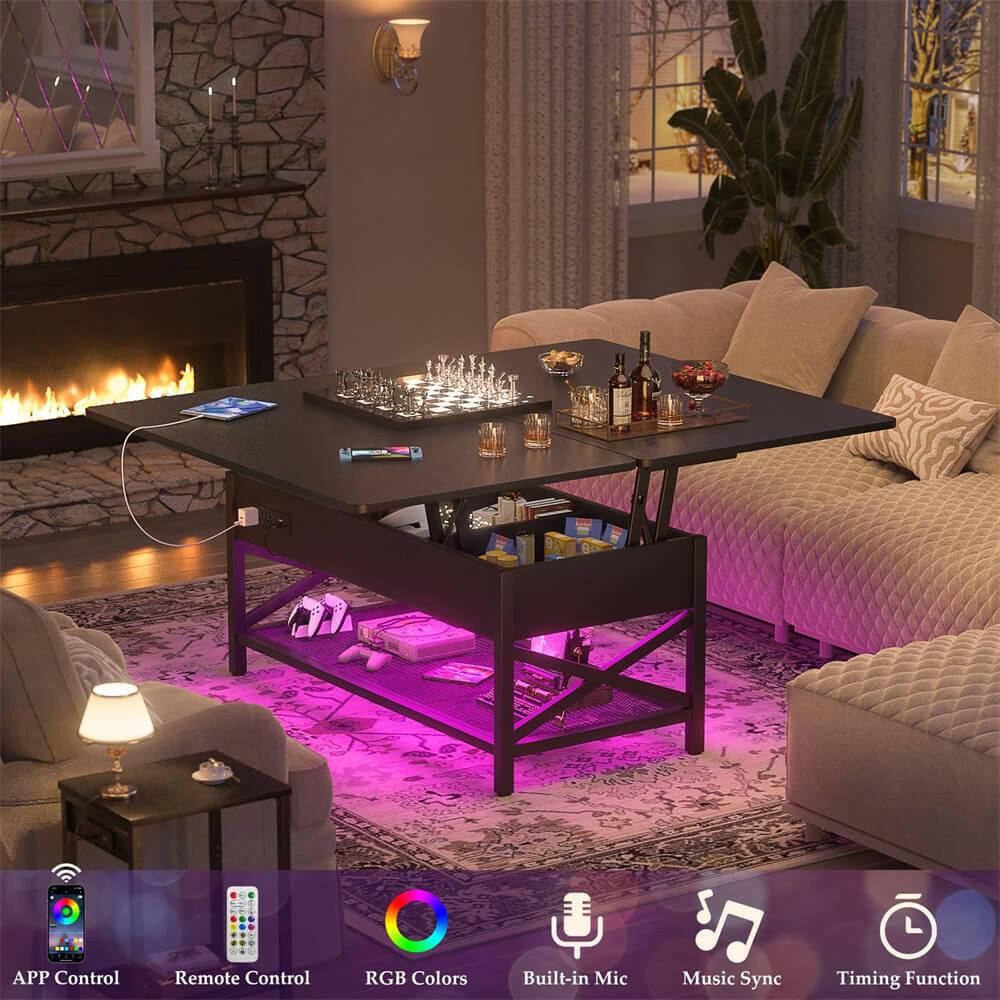 Lift Top Coffee Table, with Storage, LED Lights, and Power Outlets, for Living Room