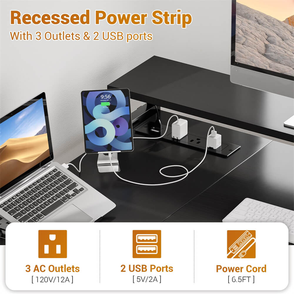 Reversible L Shaped Computer Desk Gaming Desk with File Drawer, Power Outlet & LED Strip