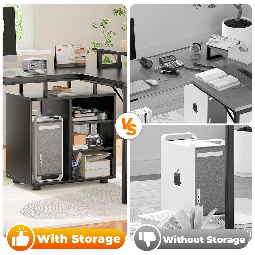 Unikito L Shaped Computer Desk, 58'' Reversible Gaming Desk with LED Strip & Adjustable Monitor Stand, Office Desk with Cabinet & Power Outlets, Corner Desk 2 Person Long Writing Study Table