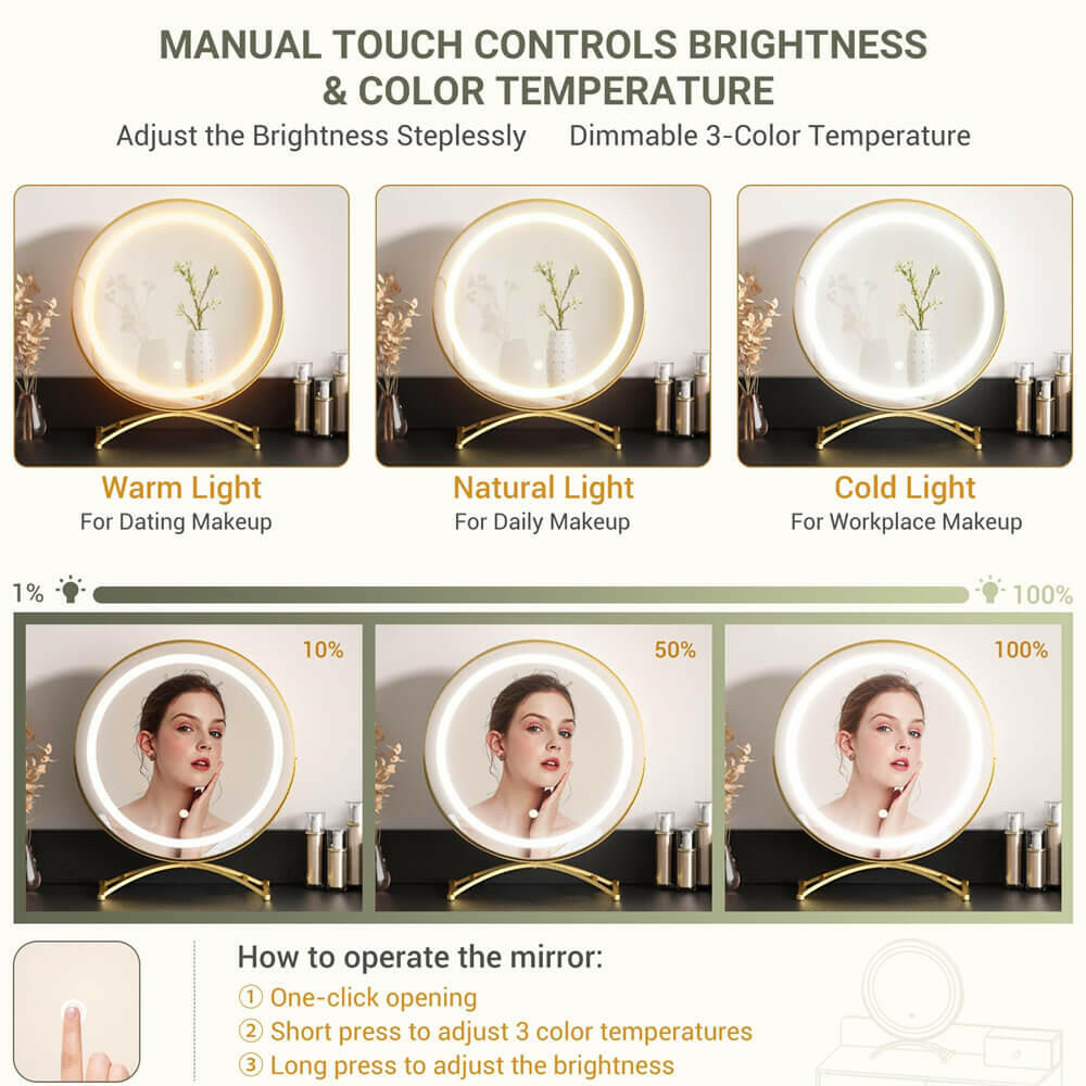 6 Drawer Makeup Vanity Desk with Stool, Lighted Mirror, Built-In Outlets