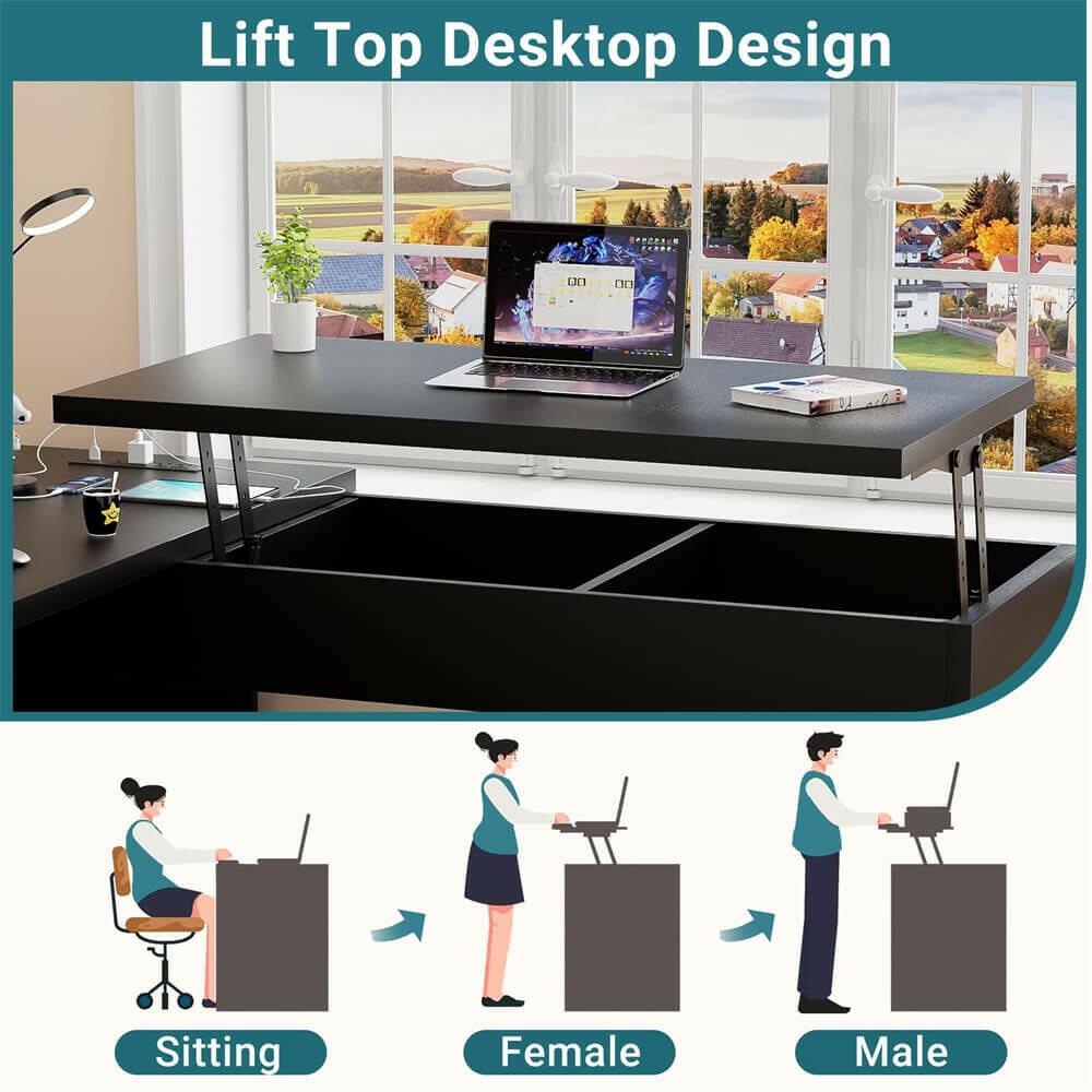 Unikito Lift Top L Shaped Desk with Drawer, Large Office Desk with Power Outlets and USB Charging Ports, Sturdy Corner Computer Desk Writing Table with Storage, L Shape Standing Desk