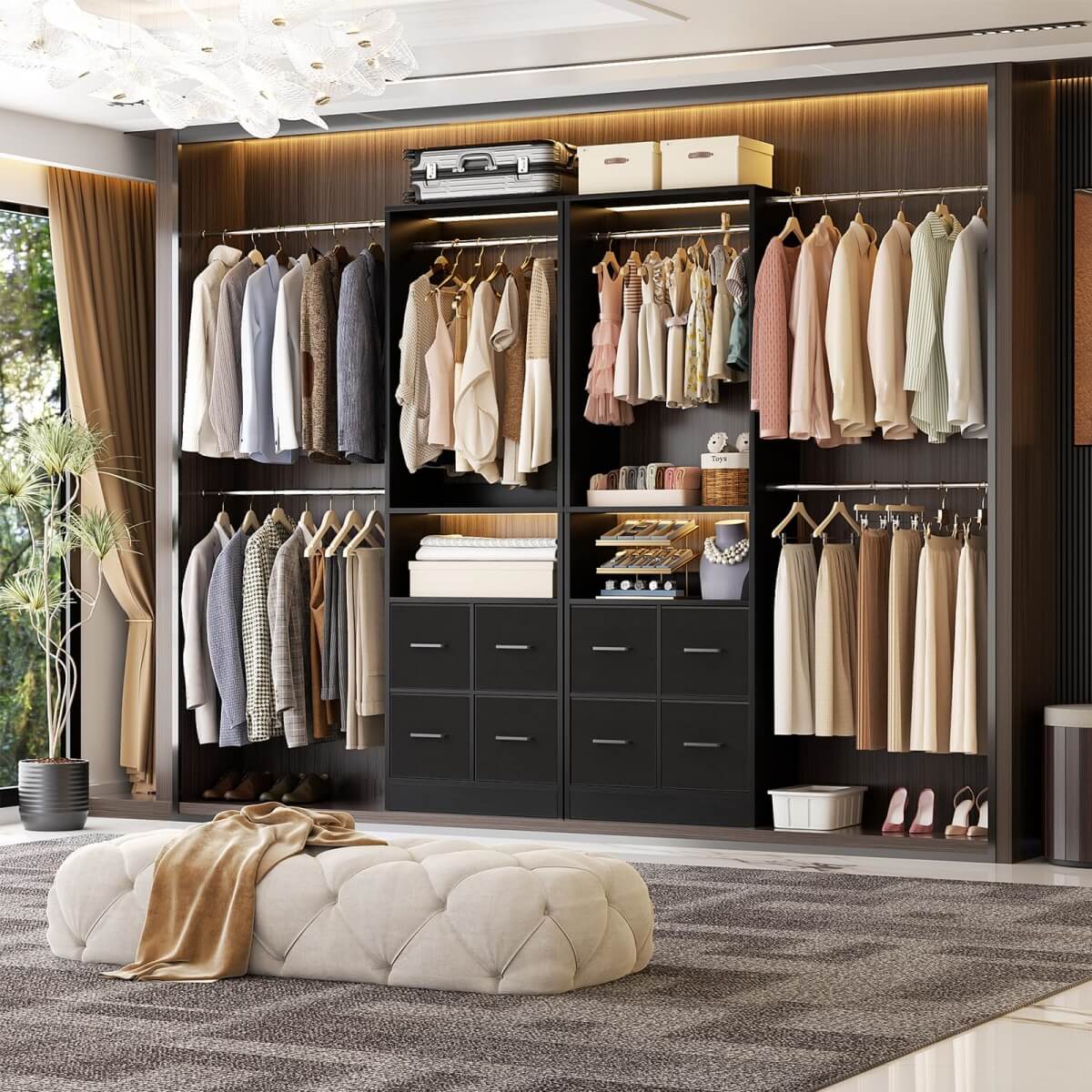 Unikito 96'' Walk-in Closet System with 4 Drawers and 3 Hanging Rods