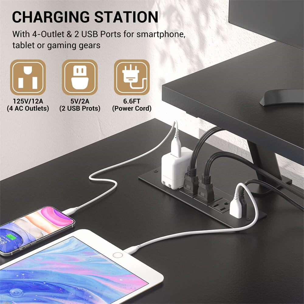 Unikito L-Shaped Desk with Power Outlet and LED Strip, Reversible File Drawer and Monitor Stand, Gaming Table Writing Desk for Home Office Workstation