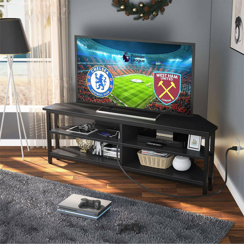 Unikito 55'' Corner TV Stand with Power Outlet, Corner Entertainment Center TV Console Table with 4 Open Storage Shelves, Metal Frame for Living Room, Bedroom, Industrial 60'' Corner TV Stand