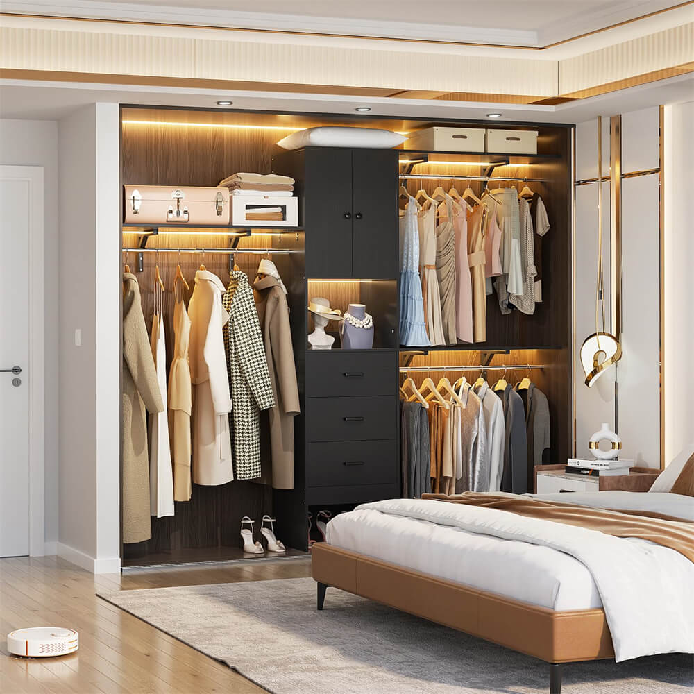 96 Inch Closet System with 3 Wood Drawers, 8FT Closet Organizer with Doors and 3 Shelve Towers, 1000 LBS Load, 96" L x 16" W x 75" H