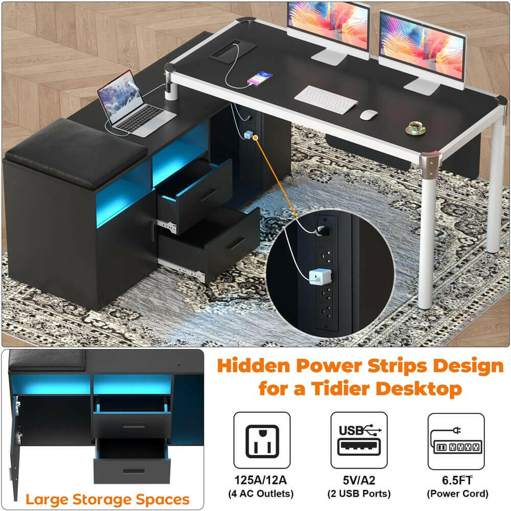 Unikito L Shaped Desk with File Cabinet and Power Strip, Reversible Corner Office Desk with LED Lights, Large L-Shaped Computer Desk with Drawer and Storage for Home Office, Soft Cushion