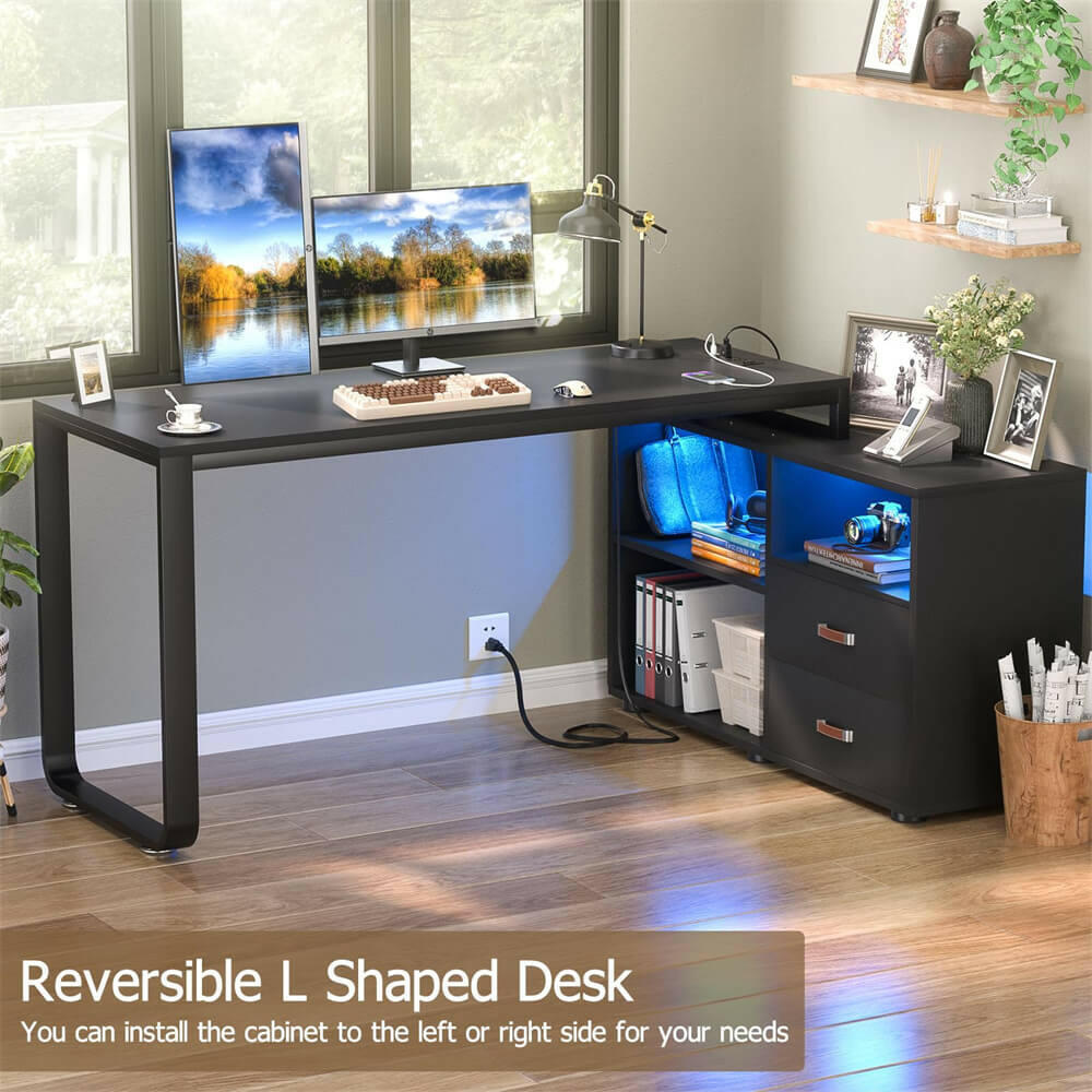 Unikito L Shaped Desk with File Cabinet & Power Outlet, Reversible 55 Inch Large Corner Computer Desks with LED Strip, L-Shaped Computer Desk with Drawers and Storage Shelves