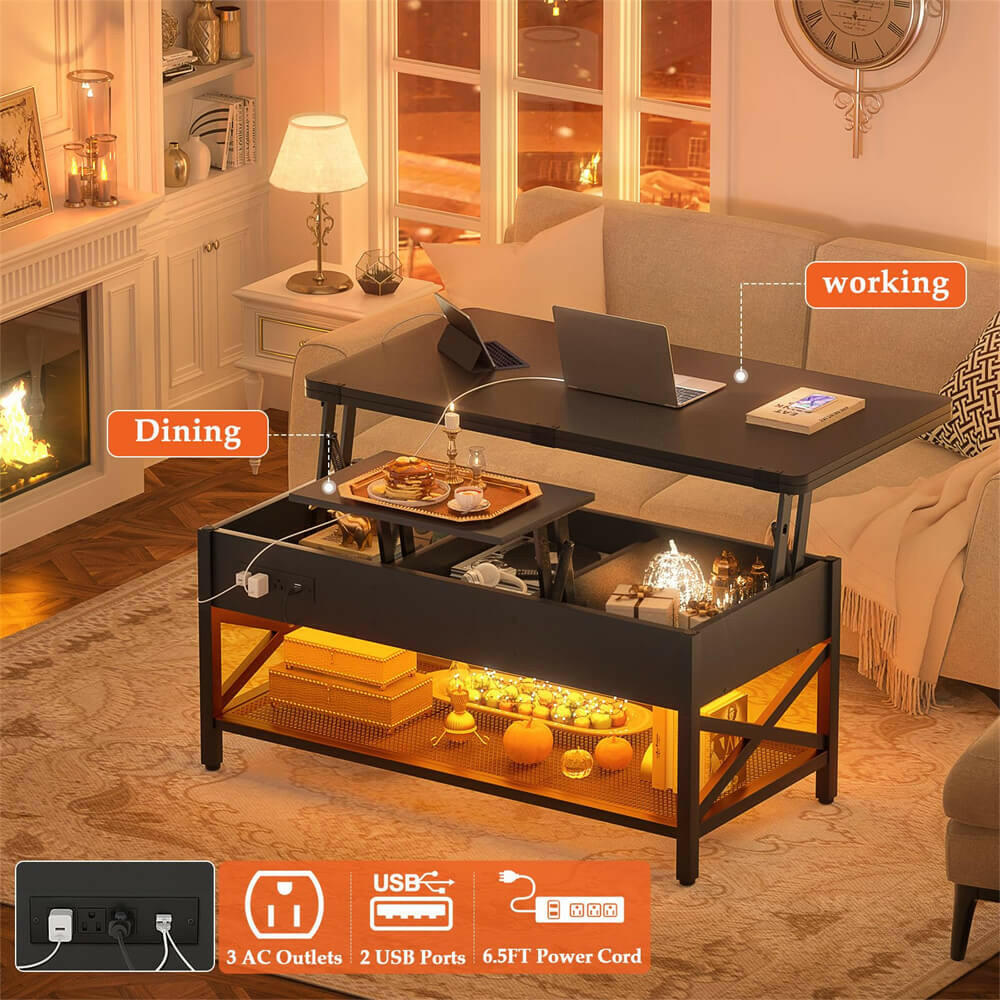 Lift Top Coffee Table, with Storage, LED Lights, and Power Outlets, for Living Room